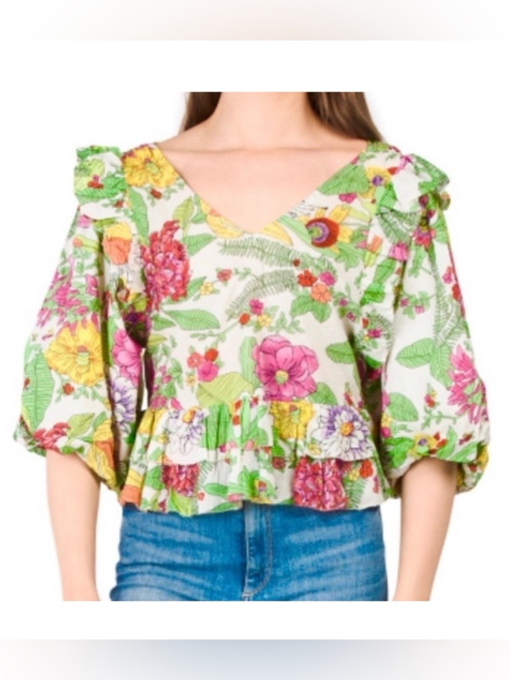 Anthropologie | Love the Label Mitzie Floral Balloon-Sleeve Ruffle Blouse